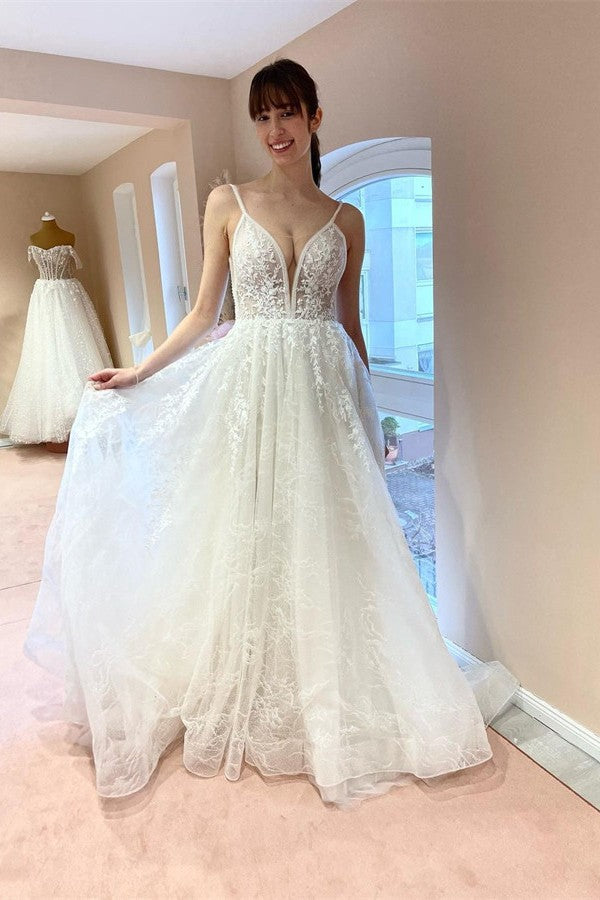 Chicloth Spaghetti-Straps Bridal Dress V-Neck Sleeveless Tulle Appliques