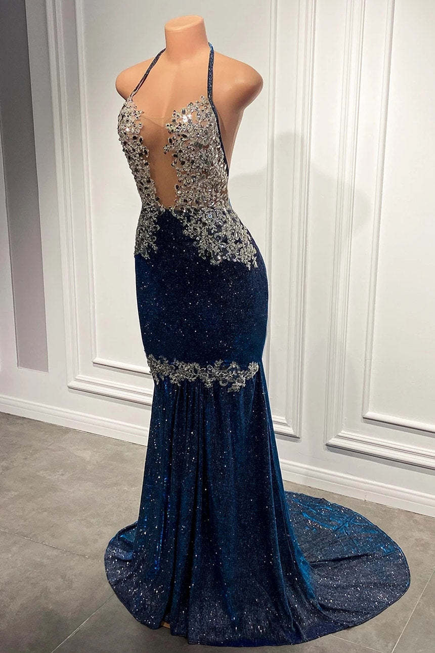 Chicloth Spaghetti-Straps Mermaid Prom Dress Sleeveless Royal Blue