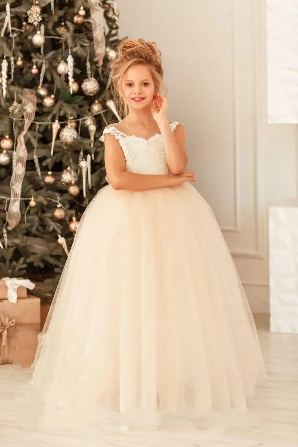 Chicloth Cute Lace Tulle Flower Girl Dress Cap Sleeves
