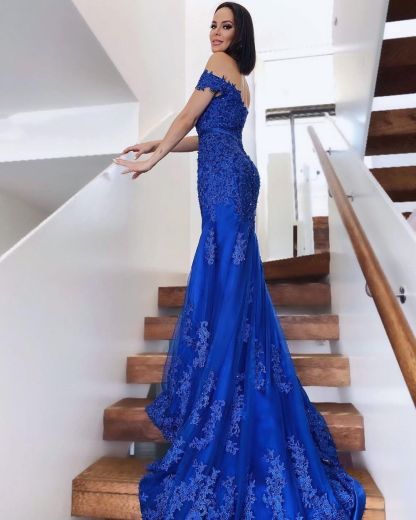 Chicloth Royal Blue Lace Mermaid Prom Dress Long Off-the-Shoulder
