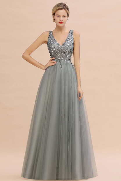 Chicloth Glamorous V-Neck Sleeveless Prom Dress Long Tulle Evening Gowns With Crystals