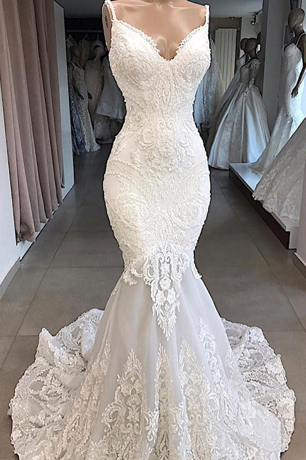 Chicloth Glamorous Spaghetti Straps Ivory Mermaid Wedding Dresses With Appliques Sleeveless Lace Bridal Gowns On Sale