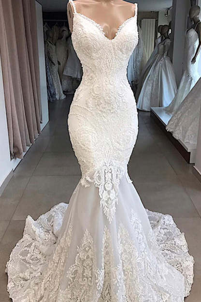 Chicloth Glamorous Spaghetti Straps Ivory Mermaid Wedding Dresses With Appliques Sleeveless Lace Bridal Gowns On Sale
