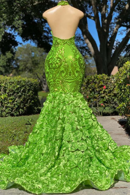 Chicloth Green High Neck Prom Dress Sleeveless Sequins Mermaid Flowers Bottom