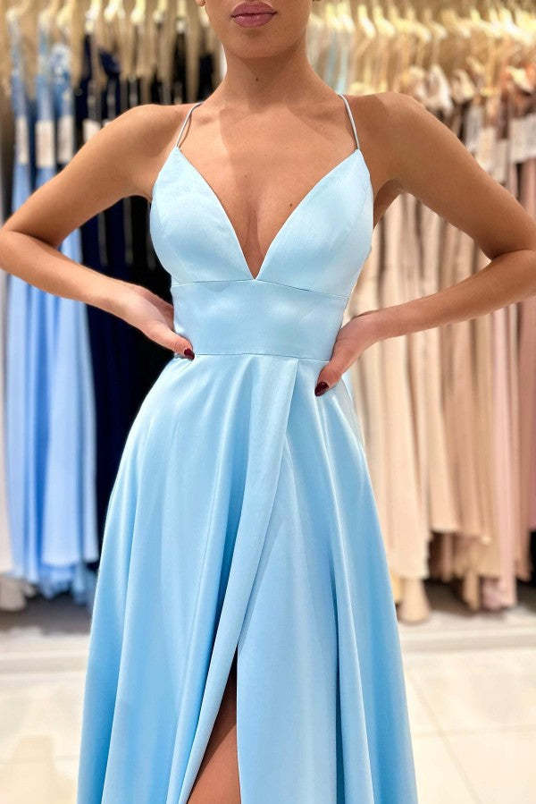 Chicloth Sky Blue Spaghetti-Straps Prom Dress Split Long On Sale