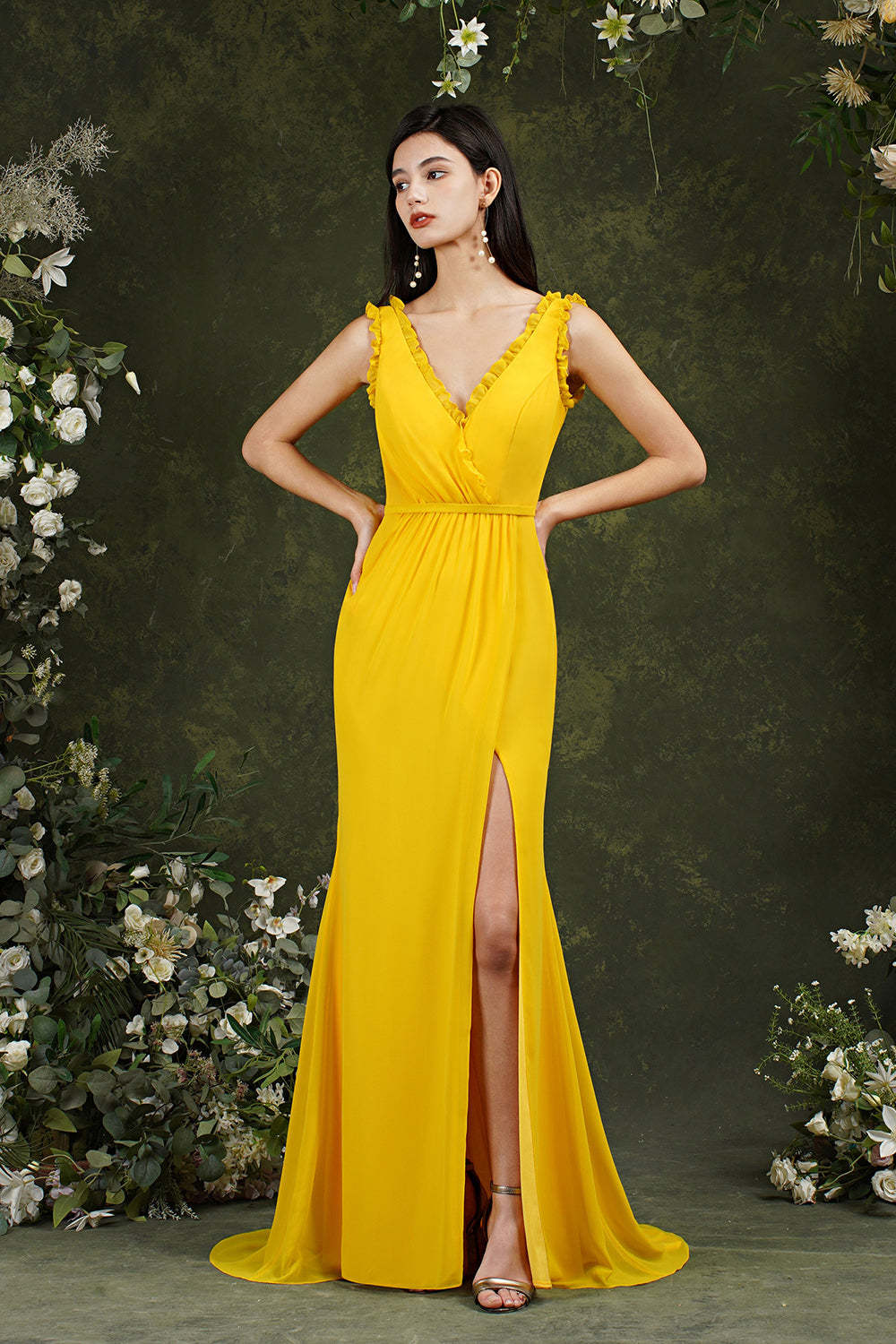 Chicloth V-Neck Bridesmaid Dress Chiffon With Slit