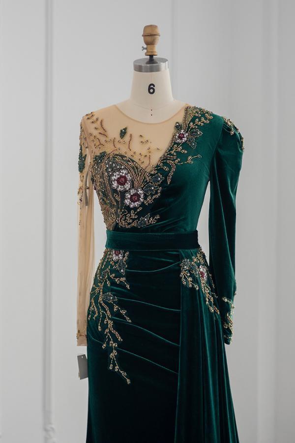 Chicloth Long Sleeves Mermaid Evening Dresses Dark Green With Crystals