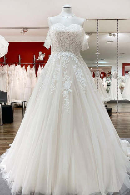 Chicloth Off The Shoulder Tulle Lace Ivory Ruffles A-Line Wedding Dresses