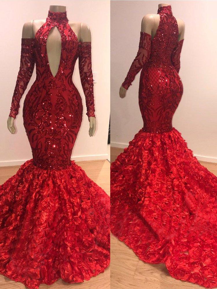 Chicloth Red Long Sleeves Prom Dress Mermaid With Flowers Bottom