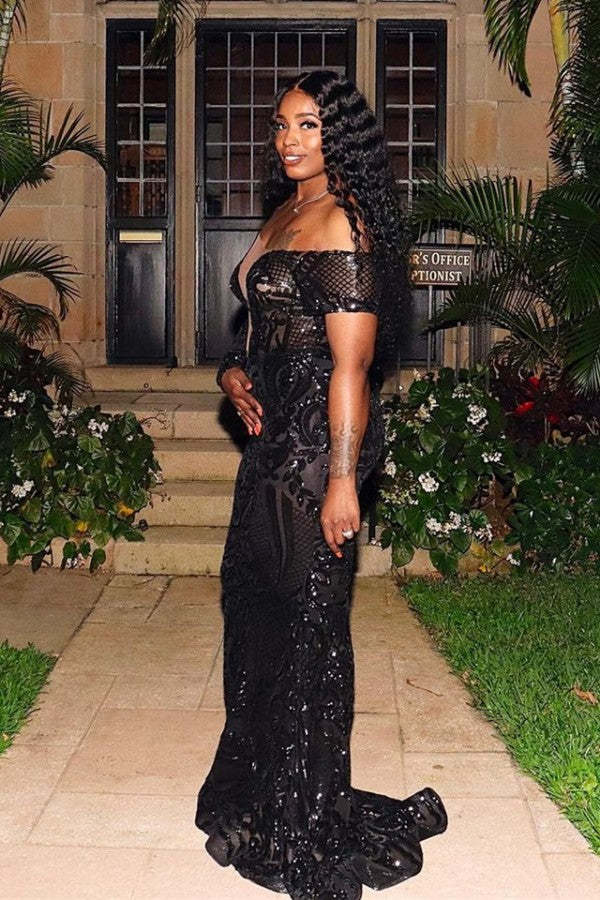 Chicloth One Shoulder Long Sleeves Black Prom Dress Mermaid Sequins