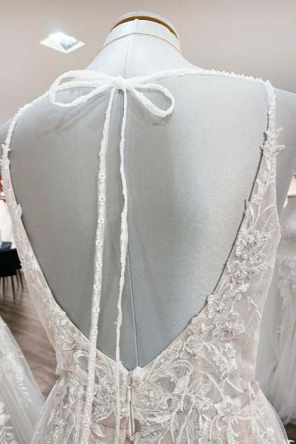 Chicloth Elegant V Neck Ivory Sleeveless Ruffles A-Line Wedding Dresses