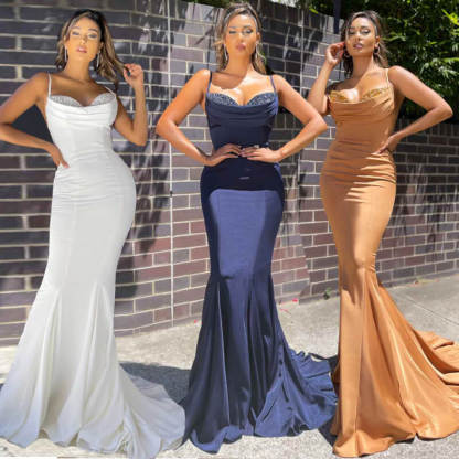 Chicloth Spaghetti-Straps Mermaid Prom Dress Long Sleeveless With Sequins