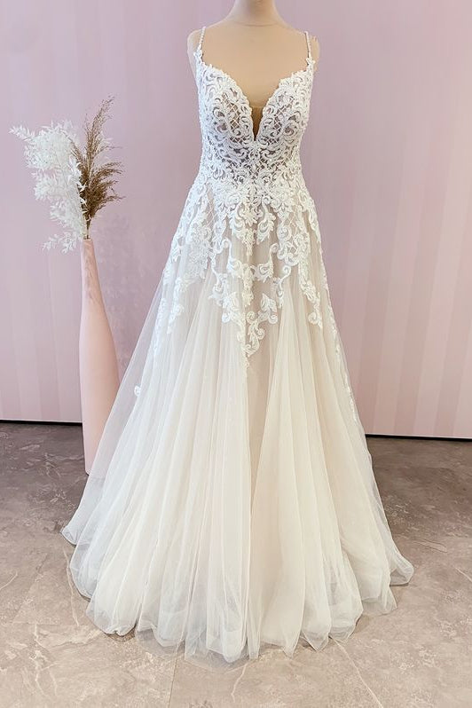 Chicloth Spaghetti-Straps Lace Wedding Dress Tulle A-Line Bridal Gowns