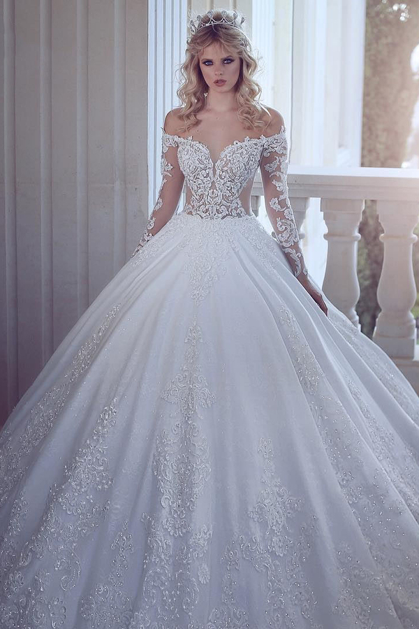 Gorgeous Off-Shoulder Long Sleeve Lace Applique Ball Gown Wedding Dress