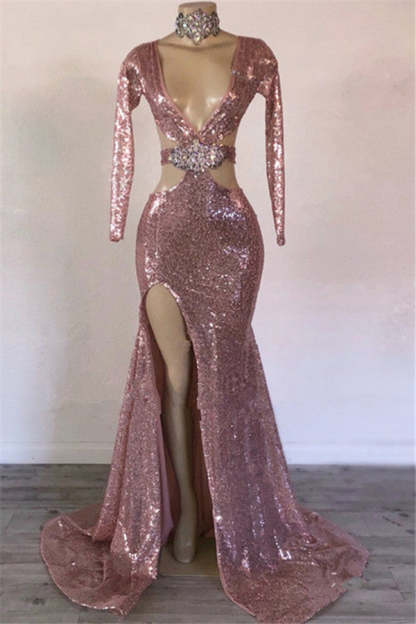 Chicloth Pink Long Sleeevs Sequins Prom Dress Mermaid With Split