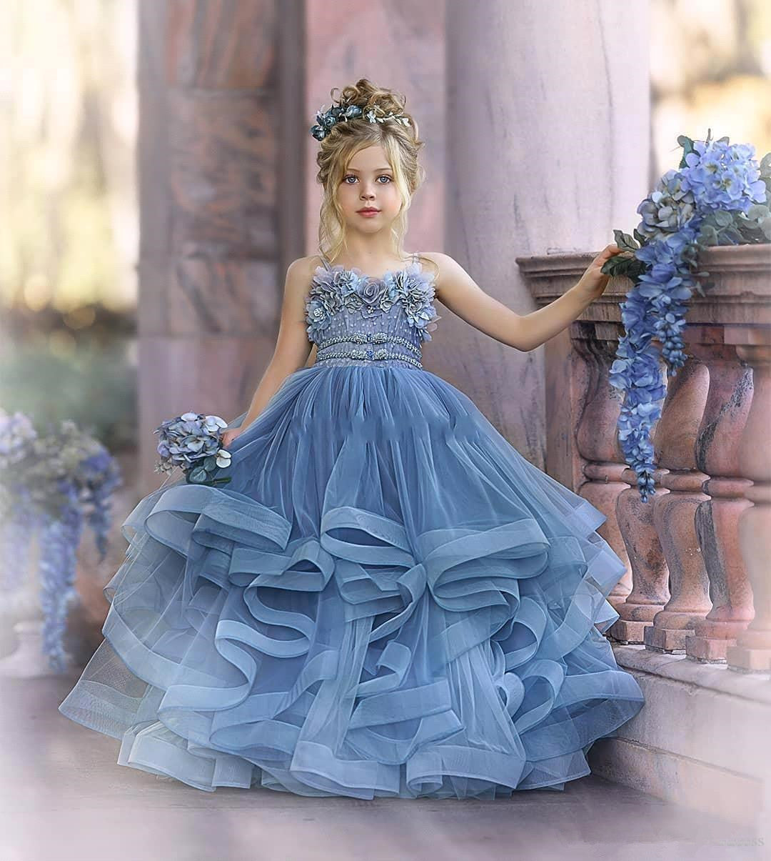 Chicloth Blue Spaghetti-Straps Tulle Flower Girl Dress Layered With Appliques
