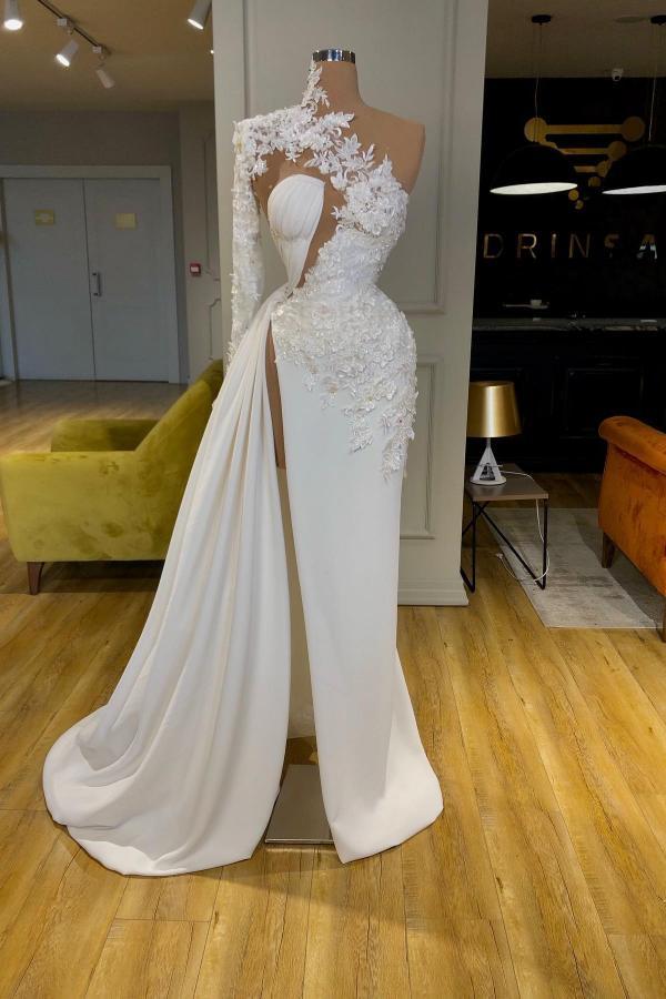 Chicloth High Neck Prom Dress Mermaid Split Long With Appliques