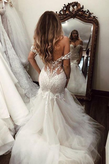 Chicloth Off-the-Shoulder Mermaid Wedding Dress Tulle With Lace Appliques
