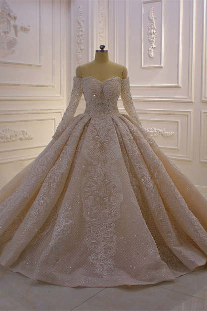 Chicloth Gorgeous Ball Gown Strapless Sequins Wedding Dress Long Sleeves Tulle Lace Bridal Gowns On Sale