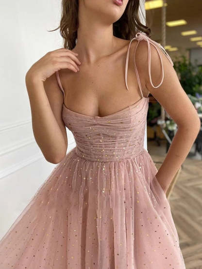 Chicloth Straps Tulle Dusty Pink Prom Dress Short With Sequins