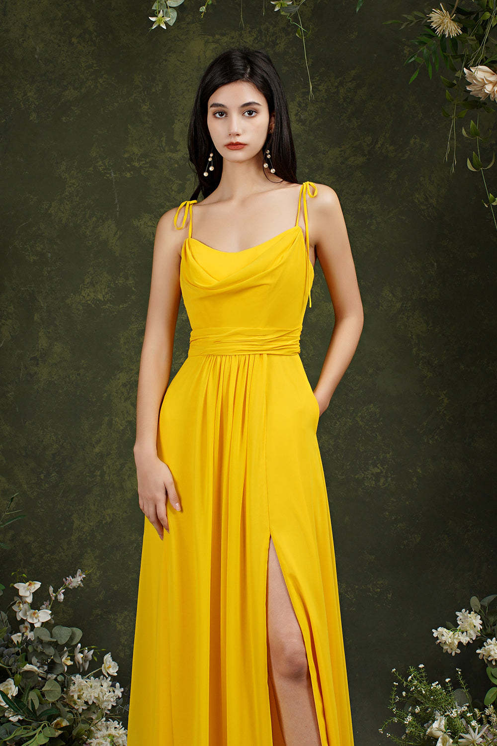Chicloth Spaghetti-Straps Bridesmaid Dress Chiffon With Slit