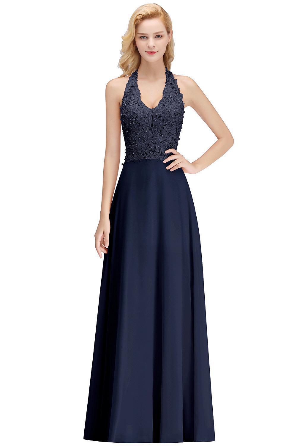 Chicloth A-line Halter Chiffon Lace Bridesmaid Dress with Beadings