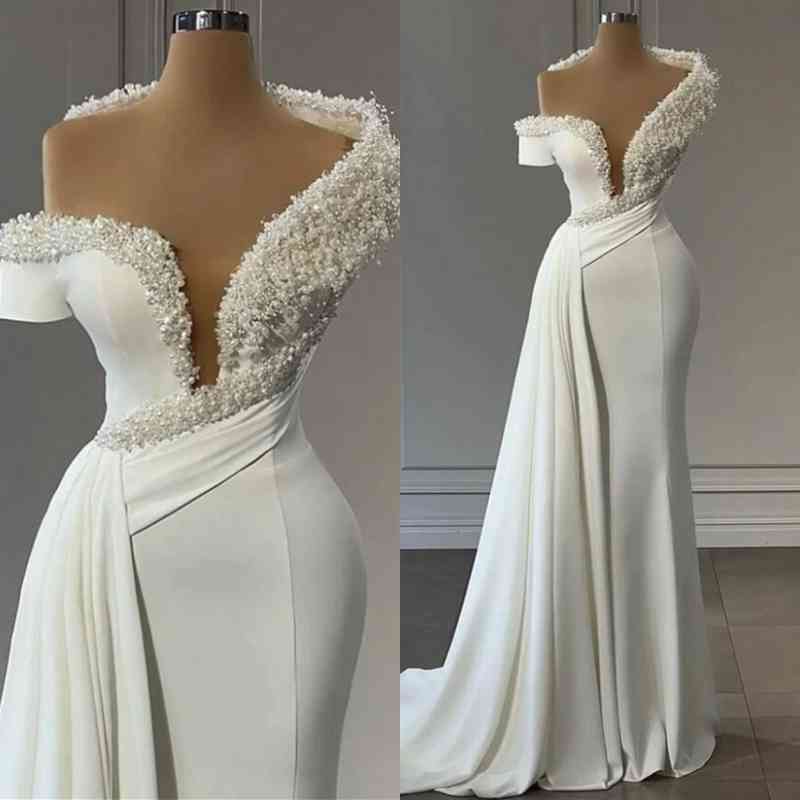 Chicloth Off-the-Shoulder Mermaid Evening Dress Ruffle With Pearls