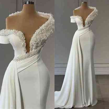 Chicloth Off-the-Shoulder Mermaid Evening Dress Ruffle With Pearls