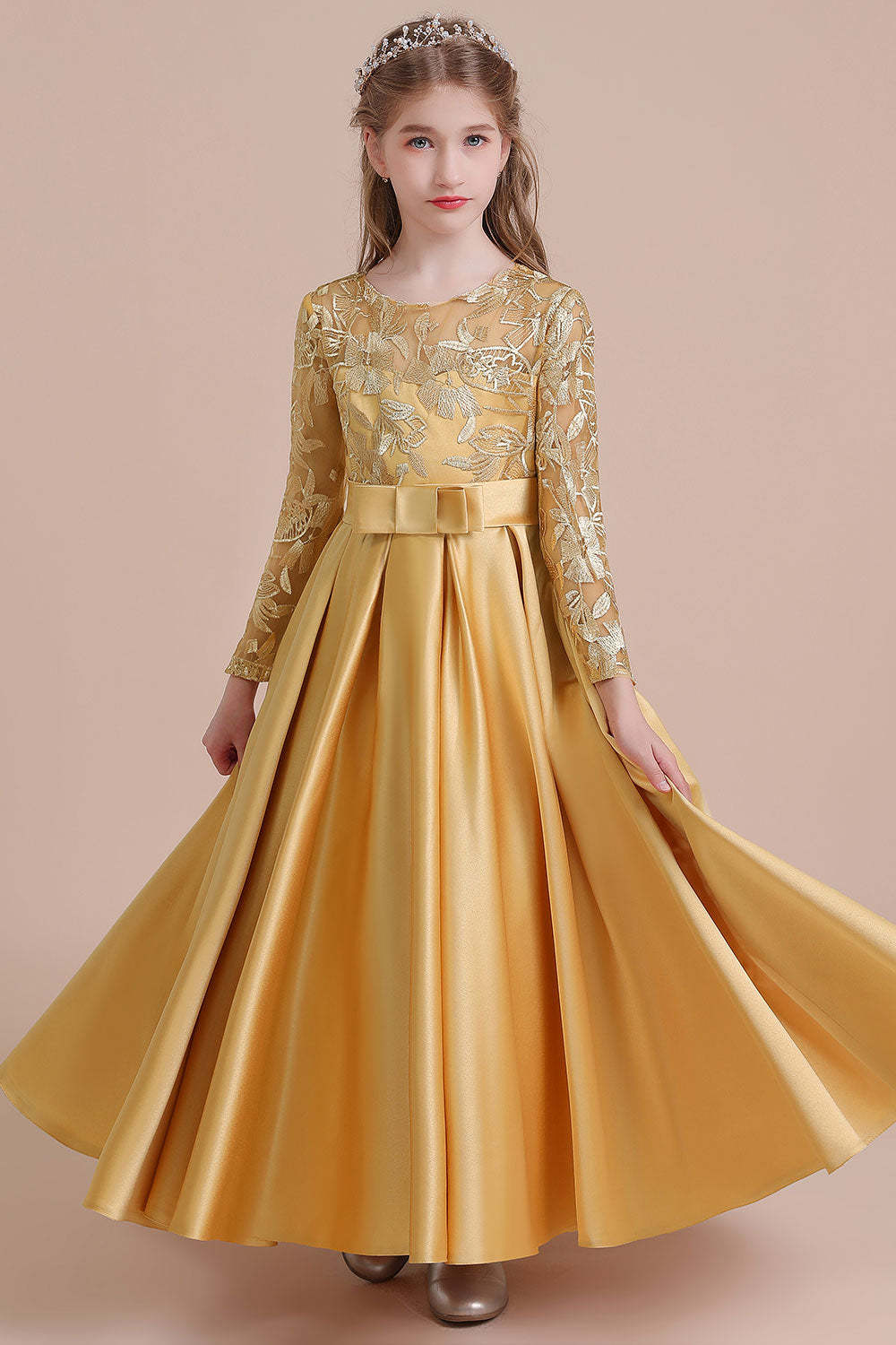 Chicloth A-Line Long Sleeve Satin Ankle Length Flower Girl Dress Online