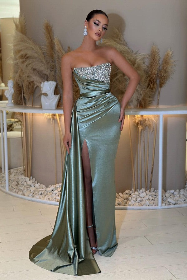 Chicloth Dusty Sage Sweetheart Prom Dress Mermaid Slit Long With Beads