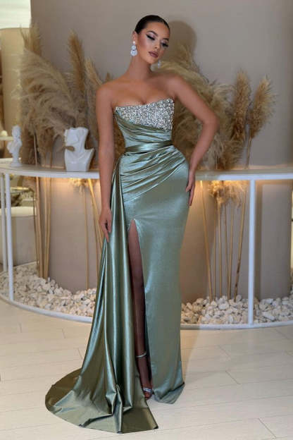 Chicloth Dusty Sage Sweetheart Prom Dress Mermaid Slit Long With Beads