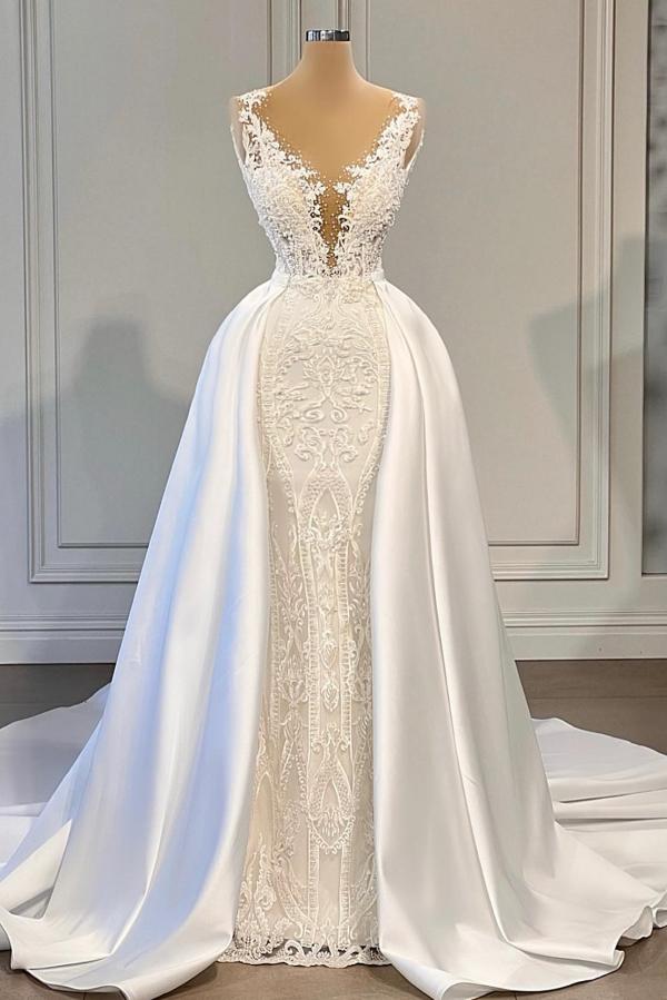 Chicloth Gorgeous White Mermaid Wedding Dress Lace Appliques With Overskirt