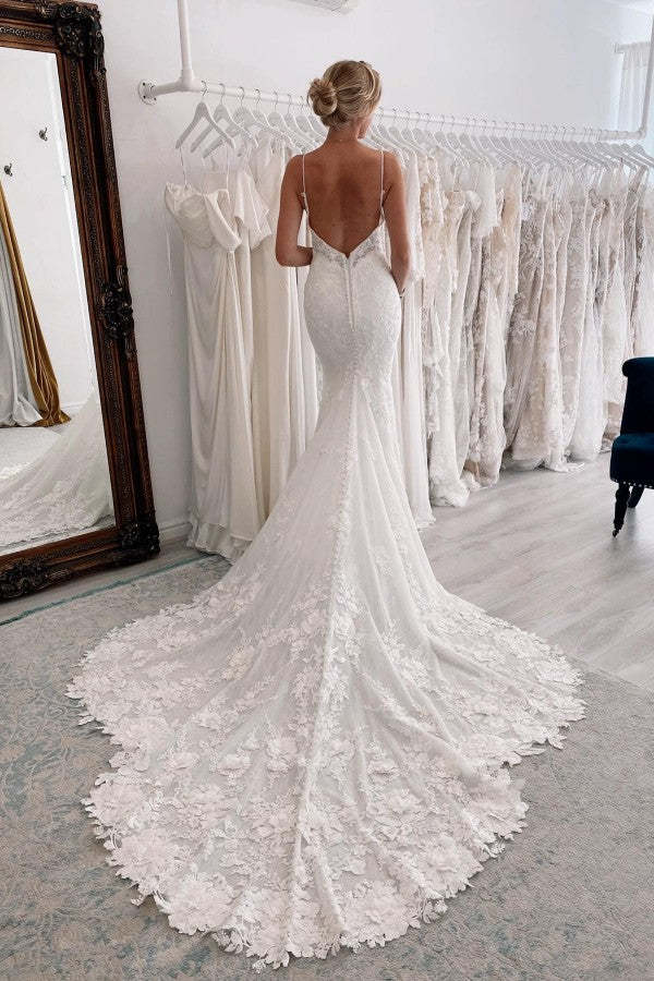 Chicloth Spaghetti-Straps V-Neck Mermaid Wedding Dress Sleeveless Lace Appliques