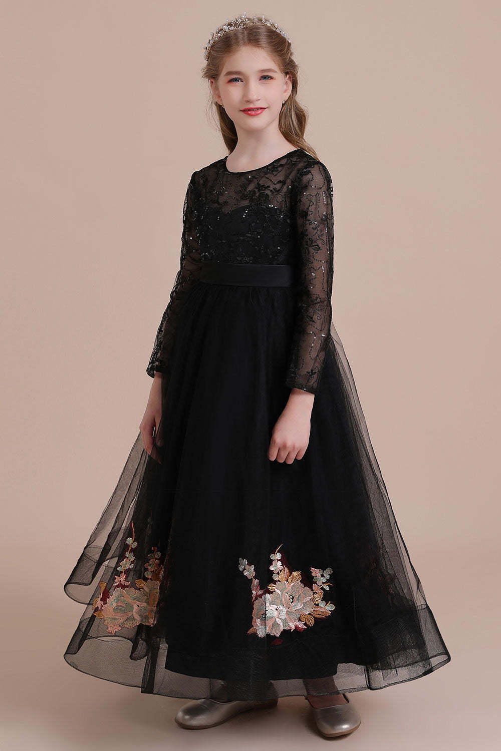 Chicloth A-Line Embroidered Long Sleeve Tulle Flower Girl Dress On Sale