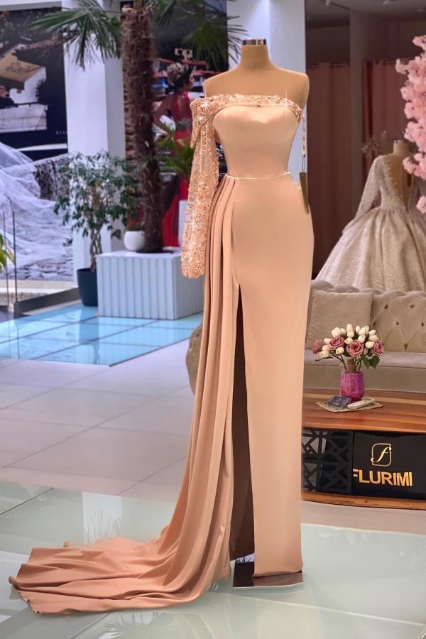 Chicloth Long Sleeves Off-the-Shoulder Evening Dresses Mermaid Slit Long