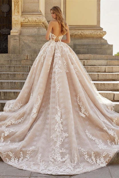 Chicloth Champagne Wedding Dress Overskirt Sweetheart With Lace Appliques