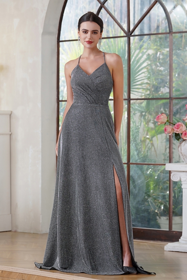 Long Grey Evening Dress Sleeveless Halter