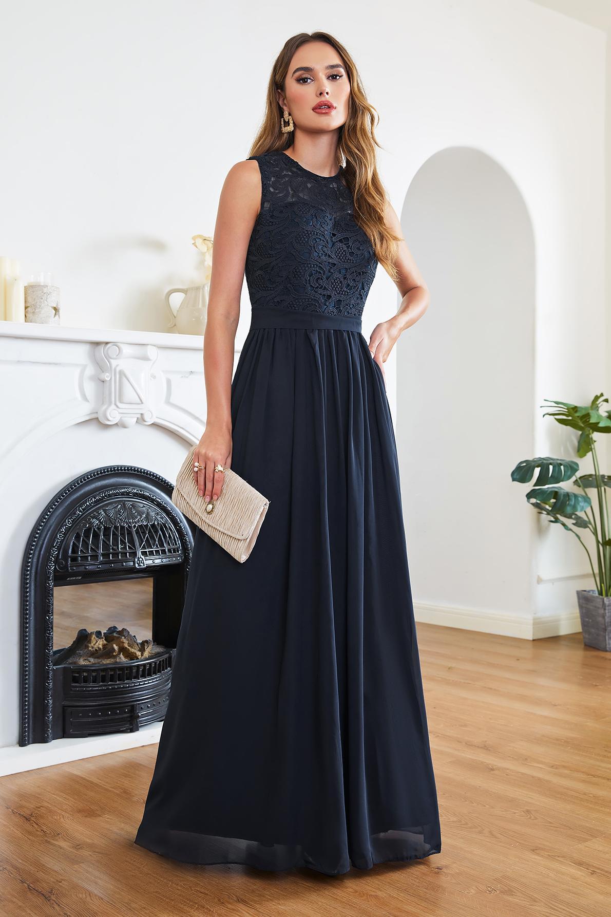 Simple Jewel Sleeveless Navy Blue Prom Dress Long Lace 