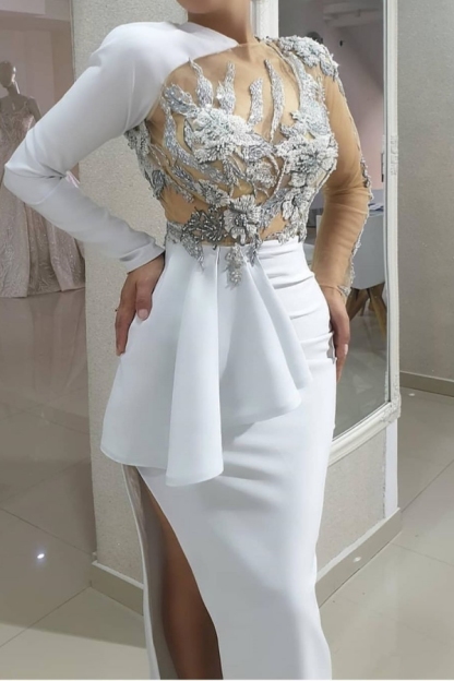 Chicloth One Shoulder Long Sleeves Side Split Prom Dress With Appliques