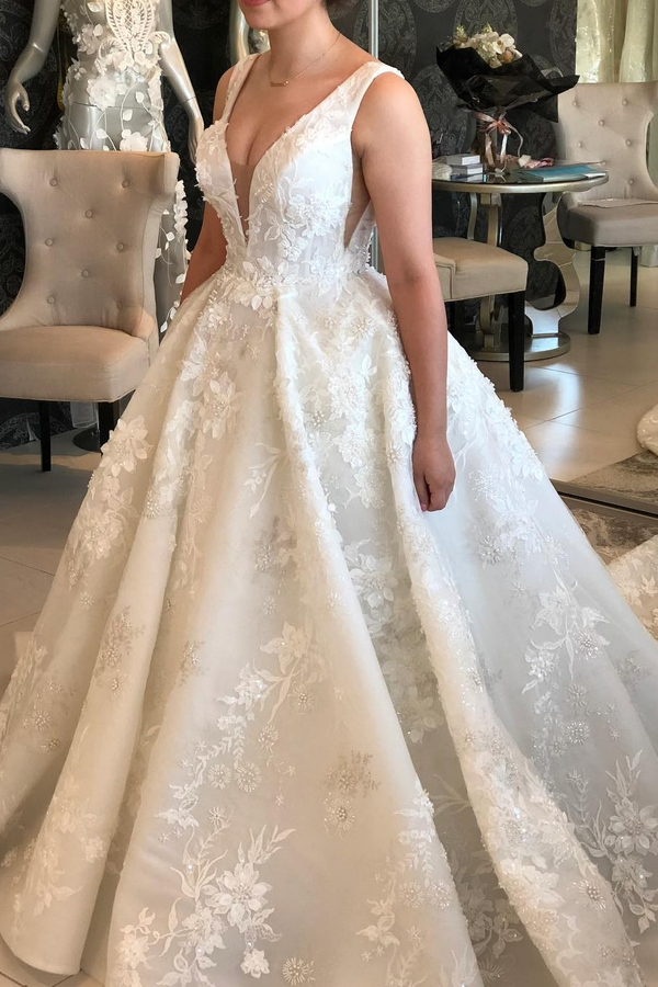 Summer Beach Plunging V-Neck Ivory Princess Wedding Gown