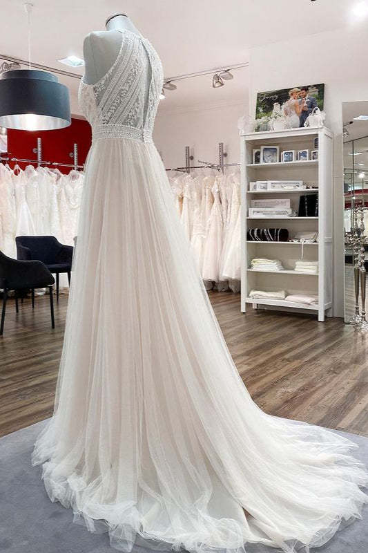 Chicloth Halter Tulle Ivory Lace Backless Wedding Dresses