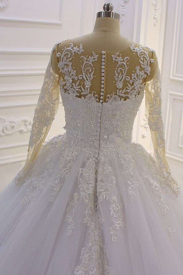Chicloth Ball Gown Tulle Appliqus Wedding Dress Long Sleeves Jewel Beading Ruffles Bridal Gowns On Sale