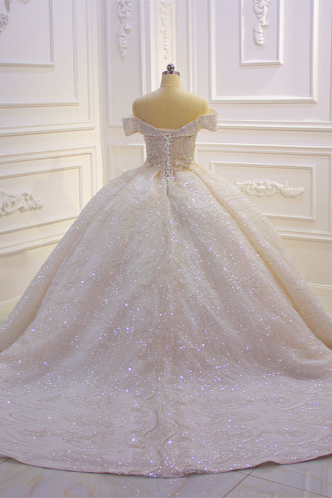 Chicloth Luxury Ball Gown Off-the-Shoulder Wedding Dress Tulle Sequined Beadings Sleeveless Bridal Gowns Online