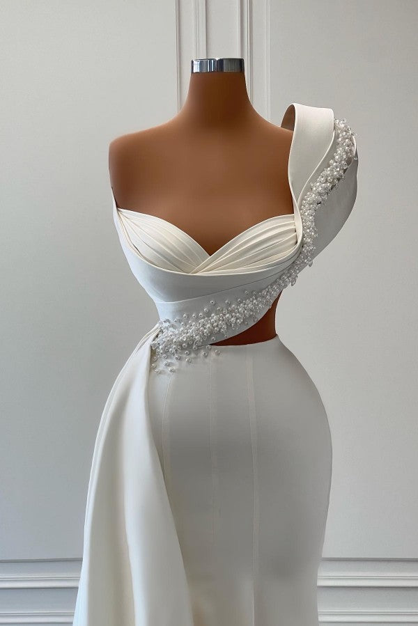 Chicloth One Shoulder White Mermaid Prom Dress Long With Pearls