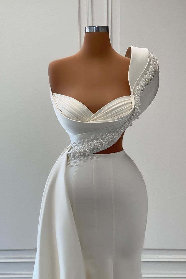Chicloth One Shoulder White Mermaid Prom Dress Long With Pearls