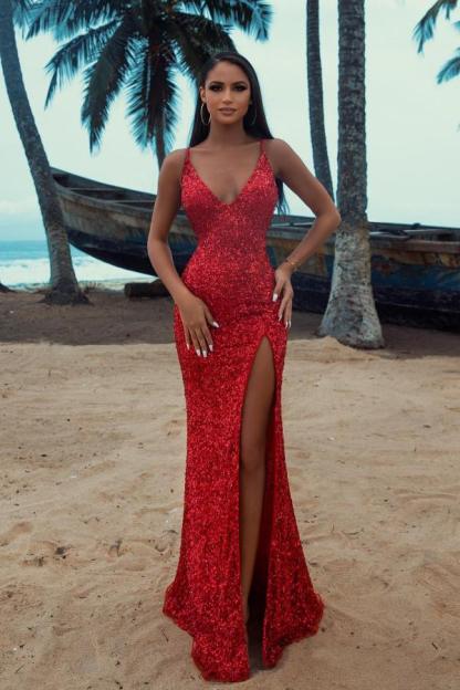 Chicloth Sequins Red Mermaid Prom Dress Split Sleeveless