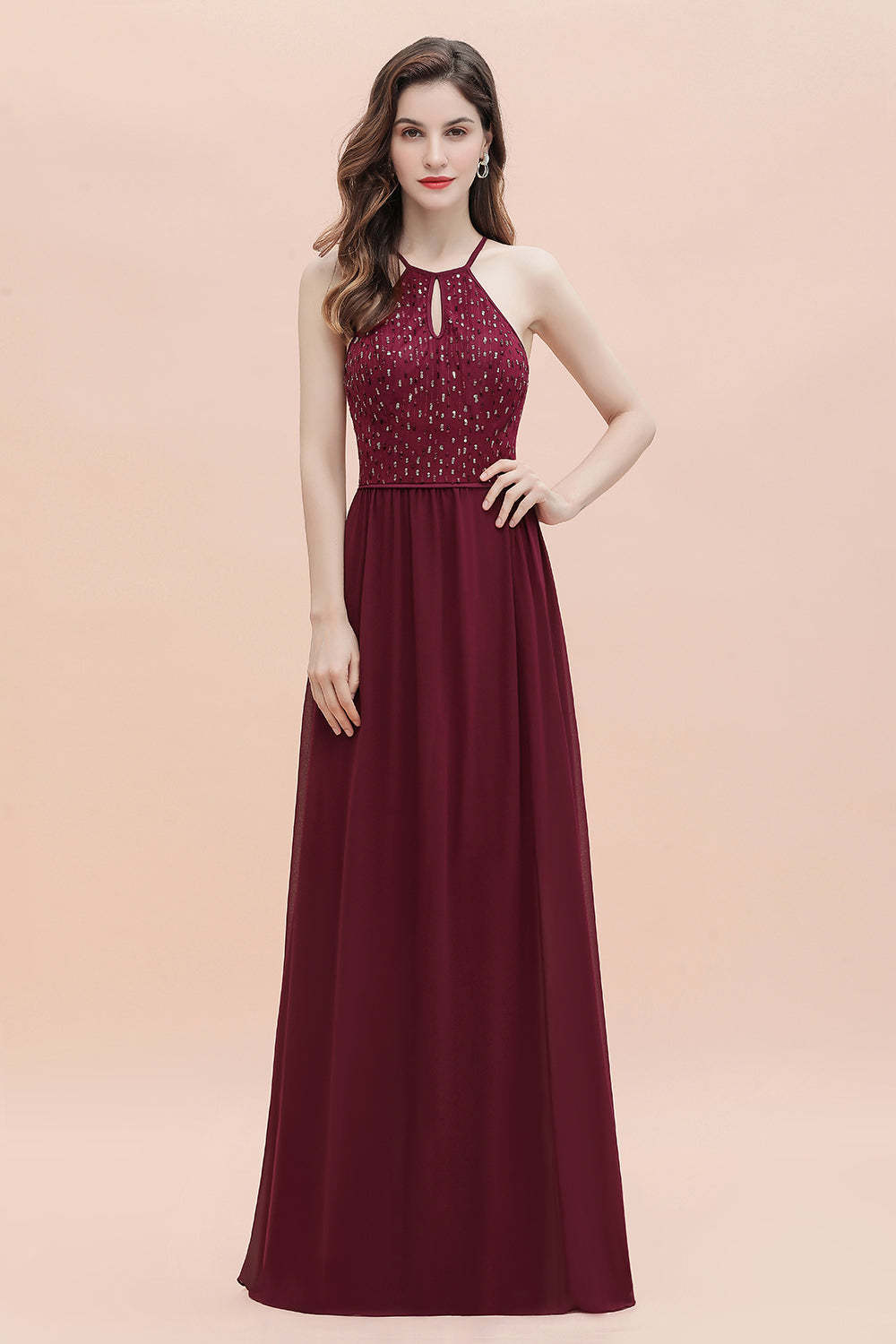 Chicloth Glamorous Halter A-line Bridesmaid Dress Chiffon Sequins Elegant Party Maxi Dress