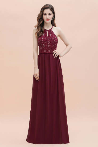 Chicloth Glamorous Halter A-line Bridesmaid Dress Chiffon Sequins Elegant Party Maxi Dress
