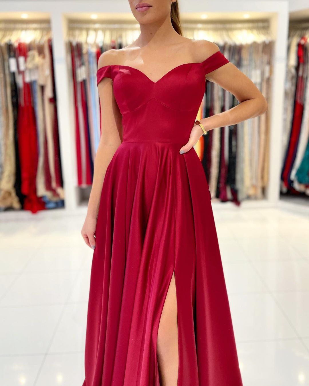 Chicloth Off-the-Shoulder Burgundy Prom Dress Long With Split