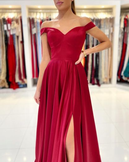 Chicloth Off-the-Shoulder Burgundy Prom Dress Long With Split